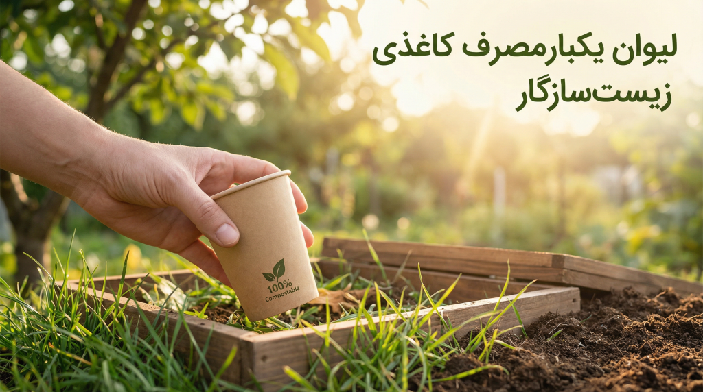 لیوان کاغذی قابل کمپوست در کنار سطل کمپوست خانگی
